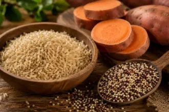 raw brown rice and sweet potatoes on a wooden table