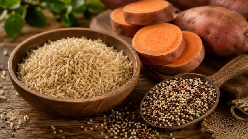raw brown rice and sweet potatoes on a wooden table