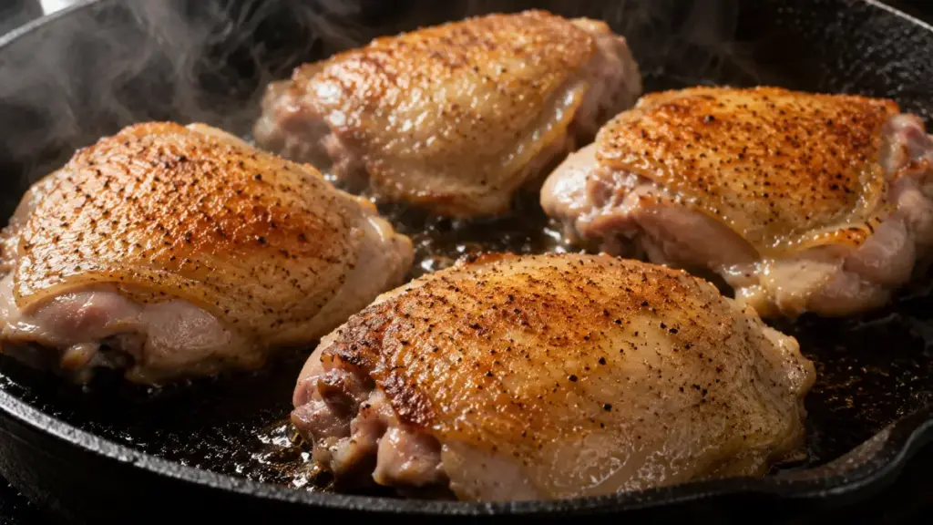 raw-chicken-thighs-searing-skin-side-down-in-a-skillet