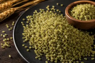 raw cracked freekeh grains on a slate plate
