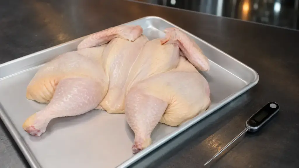 raw-flattened-chicken-arranged-with-a-digital-thermometer-to-evaluate-the-delish-recipe