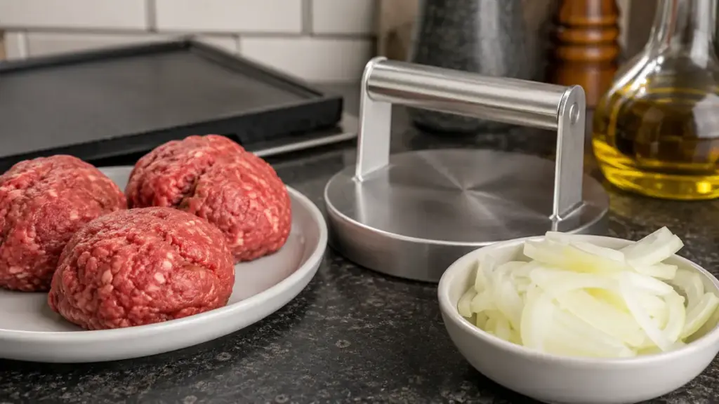 raw-ground-beef-chuck-and-grill-press-on-a-clean-countertop