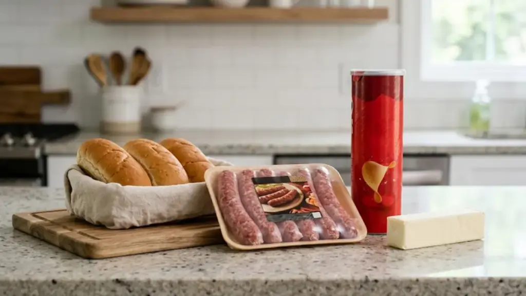 raw-hot-dog-ingredients-and-pringles-can-arranged-on-a-clean-countertop