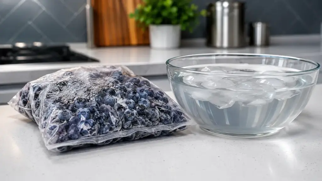 raw-package-of-frozen-blueberries-on-a-clean-kitchen-counter