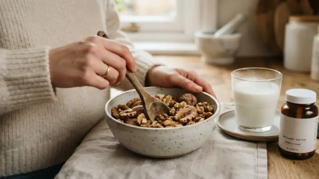 raw-walnuts-and-a-glass-of-milk-on-a-table