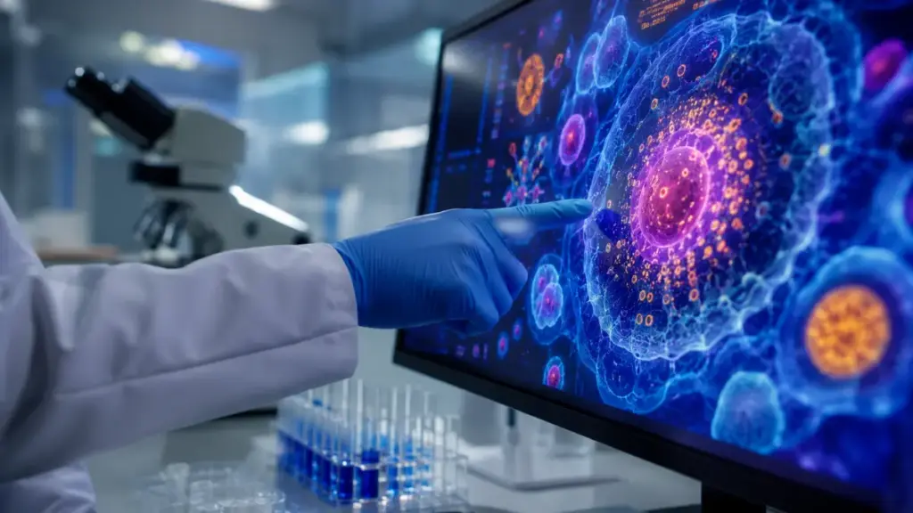 researcher-analyzing-human-cell-longevity-chart-on-a-monitor