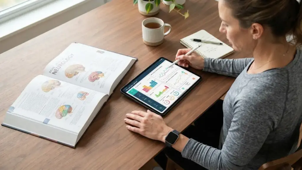 reviewing-cardiovascular-health-charts-next-to-an-open-neurology-manual