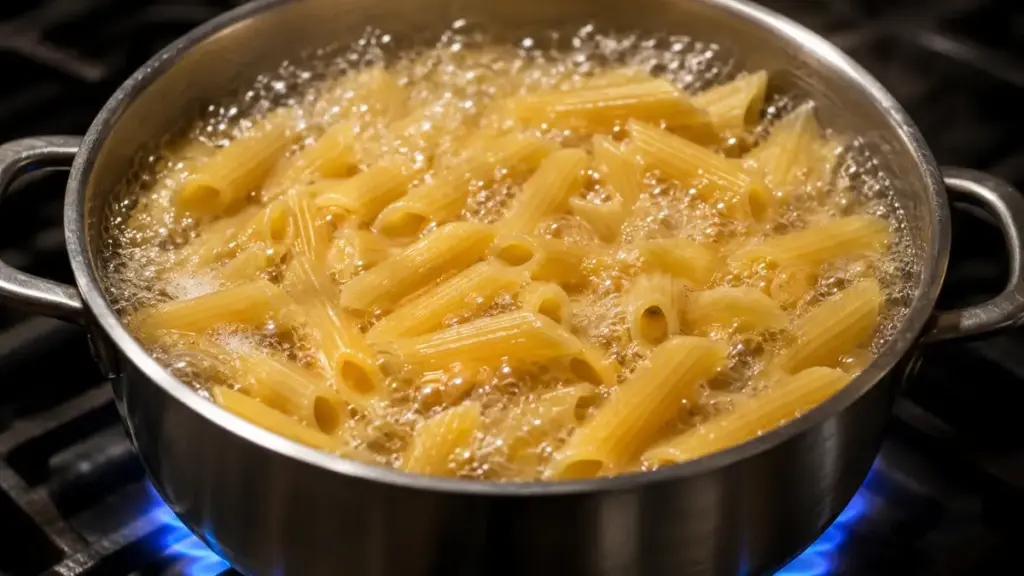 ribbed-penne-tubes-boiling-vigorously-inside-a-stainless-steel-pot