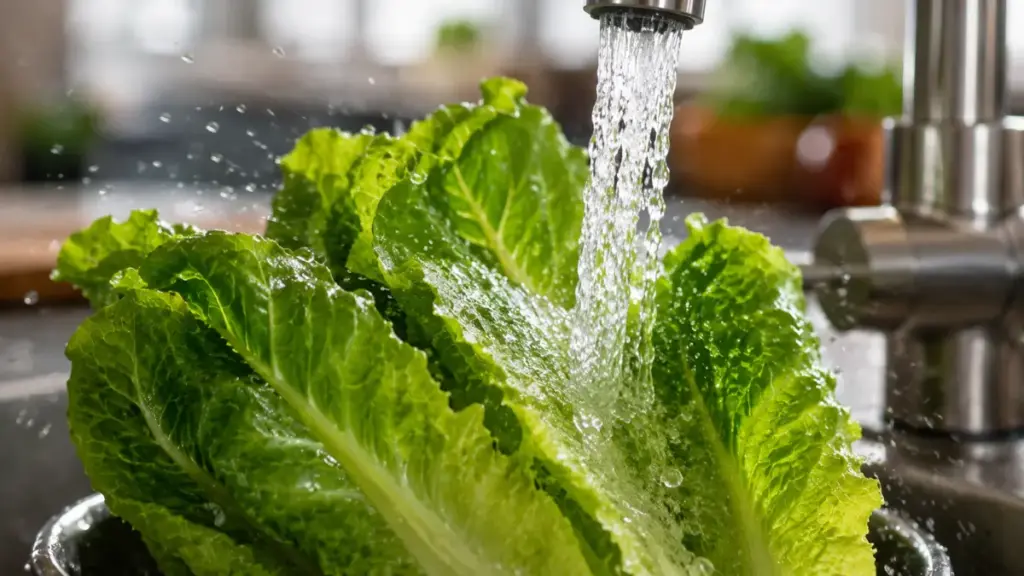 rinsing-fresh-green-romaine-lettuce-leaves-dangerous-food-for-cookout