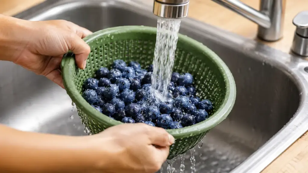 rinsing-organic-frozen-blueberries-in-a-sink-colander