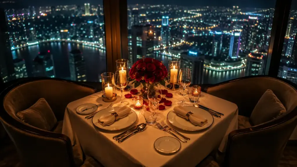 romantic-luxury-restaurant-table-setting-overlooking-a-glittering-city-skyline-at-night