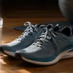 running shoes and a glass of water on a wooden floor