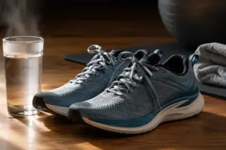 running shoes and a glass of water on a wooden floor