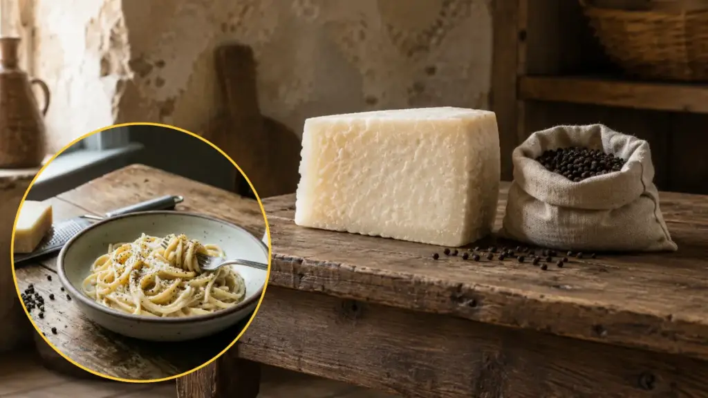 rustic-pecorino-romano-cheese-wedge-with-black-peppercorns-on-wooden-table
