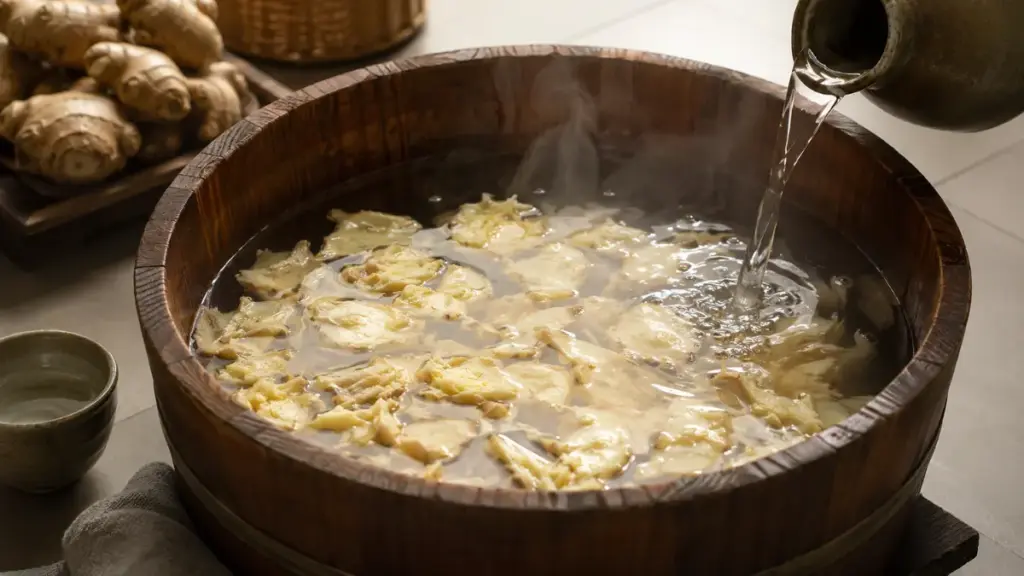 rustic-wooden-basin-holding-steaming-ginger-water-and-clear-japanese-wine-rice-mix