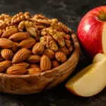 rustic wooden bowl of raw almonds and walnuts on a stone table