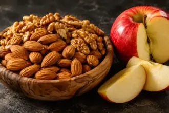 rustic wooden bowl of raw almonds and walnuts on a stone table
