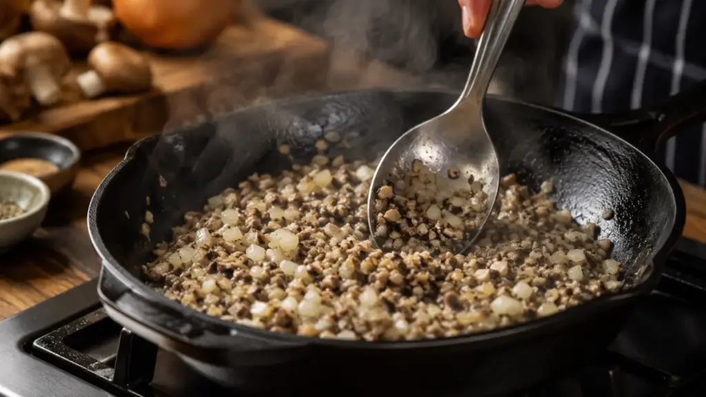 sautéing-finely-minced-mushrooms-with-onions-in-a-cast-iron-pan-for-a-mini-steak-wellington-recipe