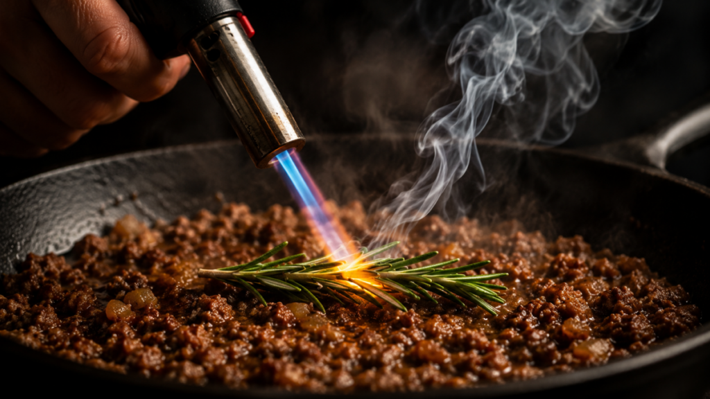 singeing-fresh-rosemary-over-skillet-meat-filling