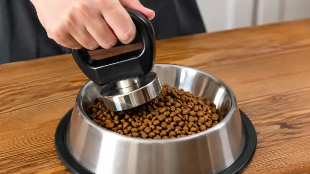 scanning-dry-dog-food-with-a-magnet-to-detect-metal-contamination