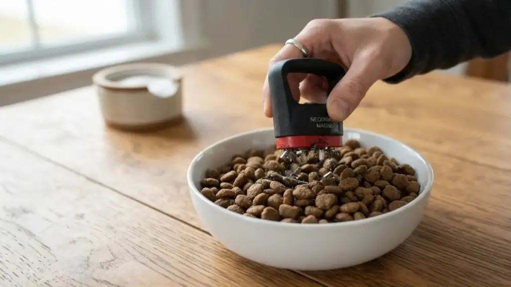 scanning-dry-dog-food-with-a-magnet-to-detect-metal-debris-from-food-recalls-dog