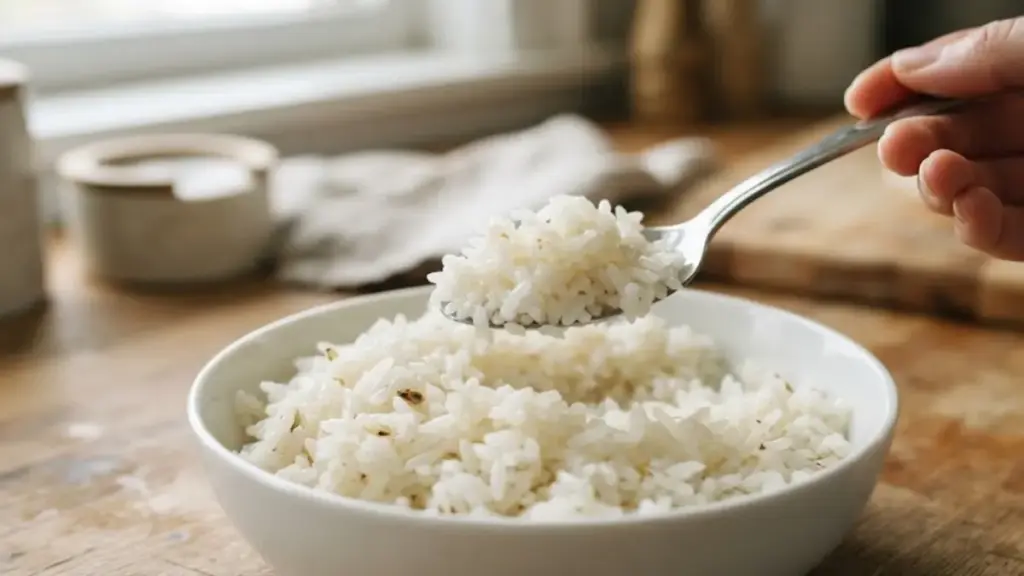 scooping-a-portion-of-loose-non-sticky-cooked-rice-to-check-left-over-rice-quality