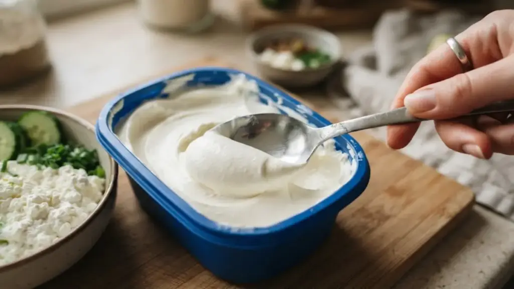 scooping-creamy-whipped-cheese-to-add-richness-to-healthy-cottage-cheese-meals