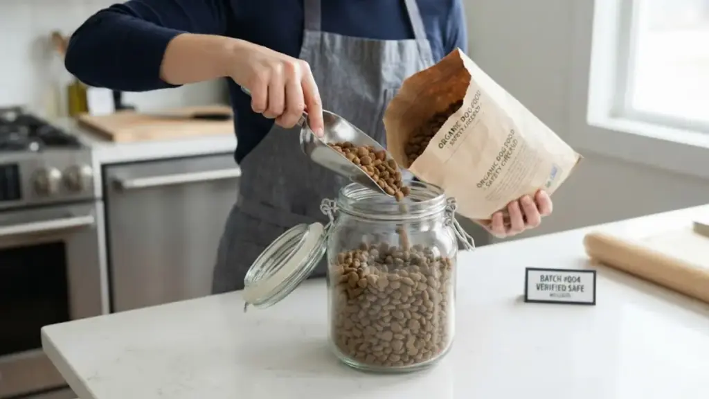 scooping-dry-dog-food-into-a-glass-jar-on-a-kitchen-counter-dogg