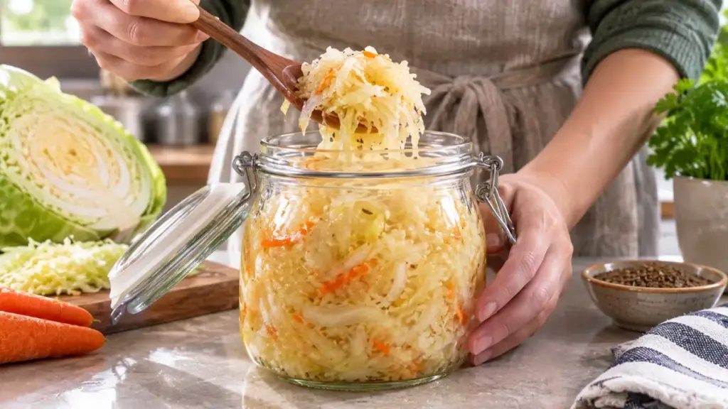 scooping-fresh-sauerkraut-from-a-glass-jar-on-a-counter-dkf