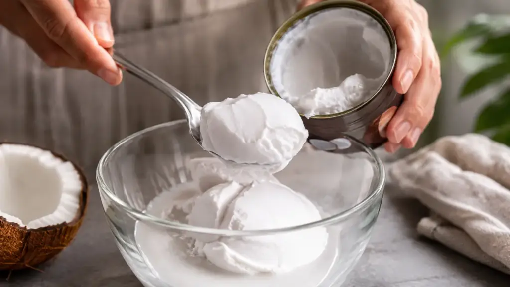 scooping-thick-coconut-cream-from-a-can-to-prepare-frosting-for-a-water-melon-cake