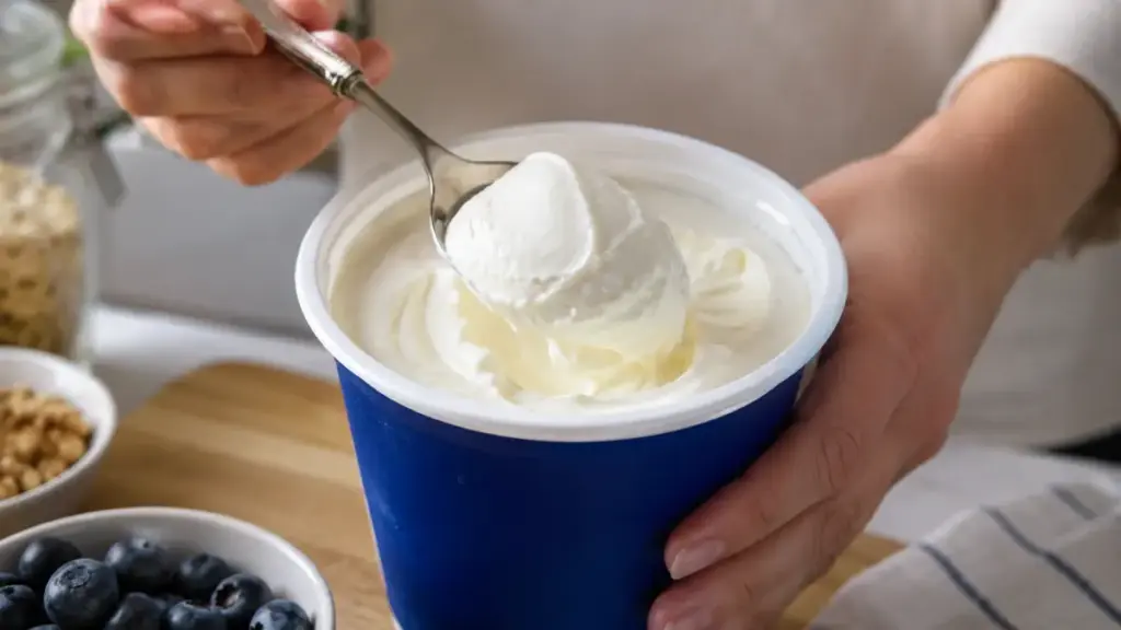 scooping-thick-fat-free-greek-yogurt-to-prepare-creamy-cottage-cheese-meals