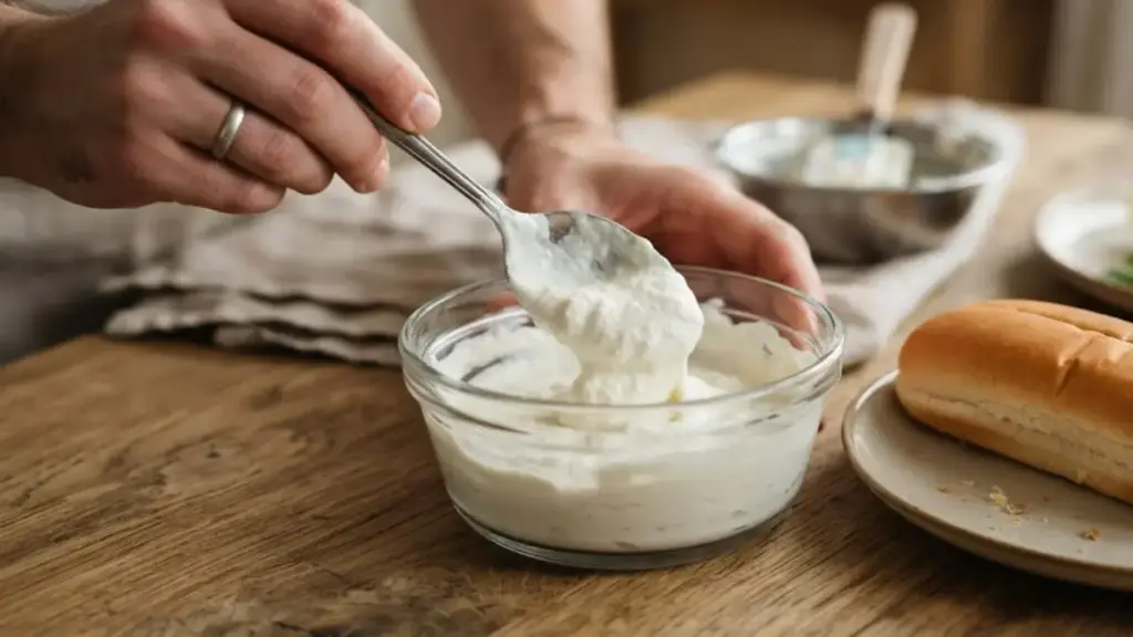 scooping-thick-white-greek-yogurt-into-a-clear-glass-bowl