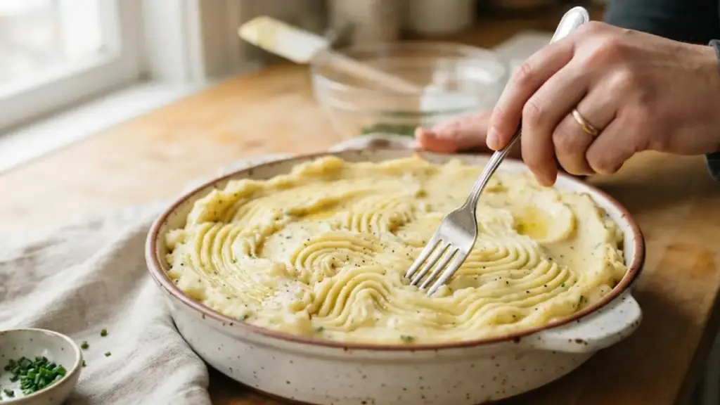 scoring-mashed-potato-crust-with-a-fork-for-vegetarian-meals-recipes