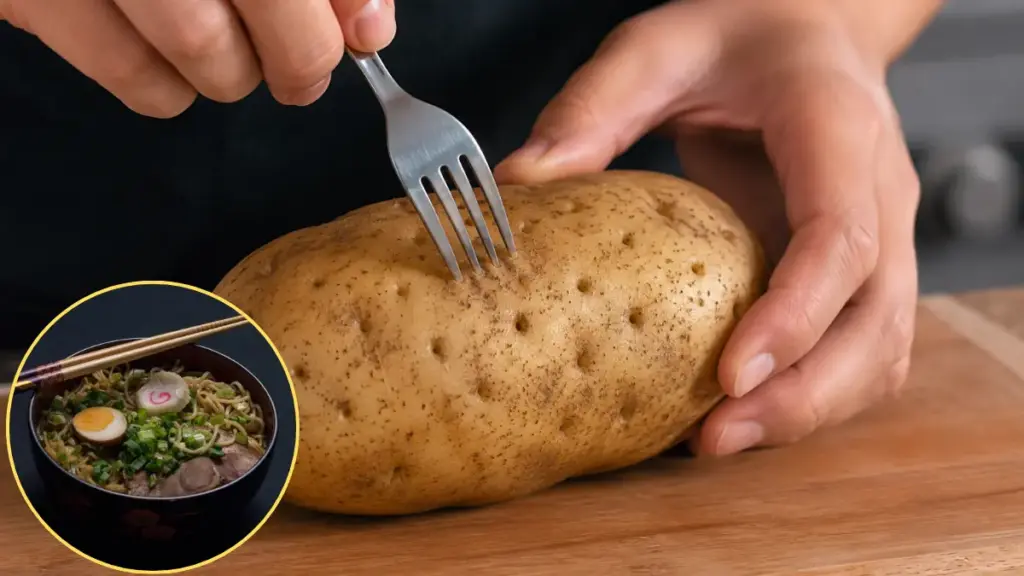 scoring-raw-russet-potato-skin-with-a-fork-for-cheap-dinner-ideas
