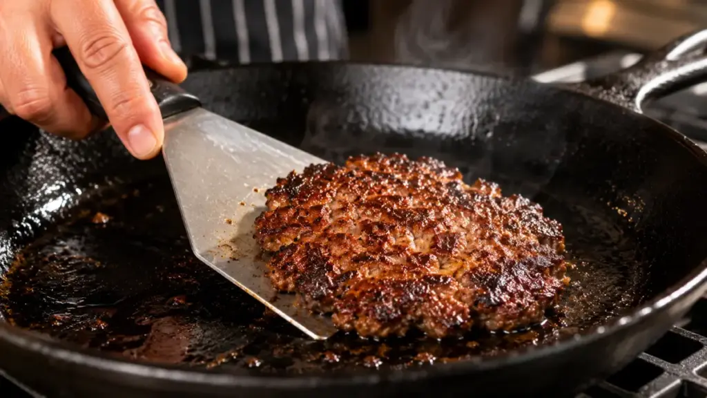 scraping-a-caramelized-beef-patty-off-a-hot-cast-iron-skillet