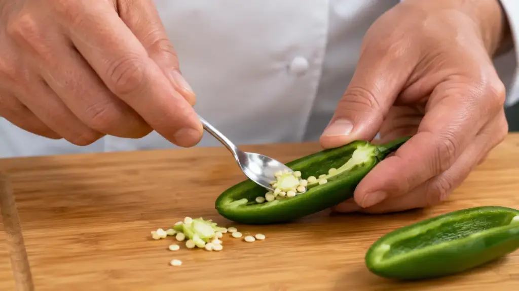 scraping-seeds-out-of-jalapeno-peppers-for-a-clean-peruvian-green-salsa-recipe