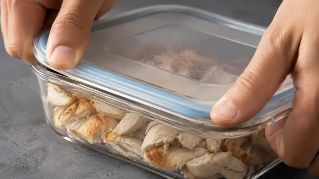 sealing-a-glass-food-container-tightly-for-cooked-chicken-in-fridge-preservation
