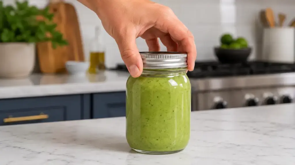 sealing-fresh-peruvian-green-sauce-inside-an-airtight-glass-mason-jar
