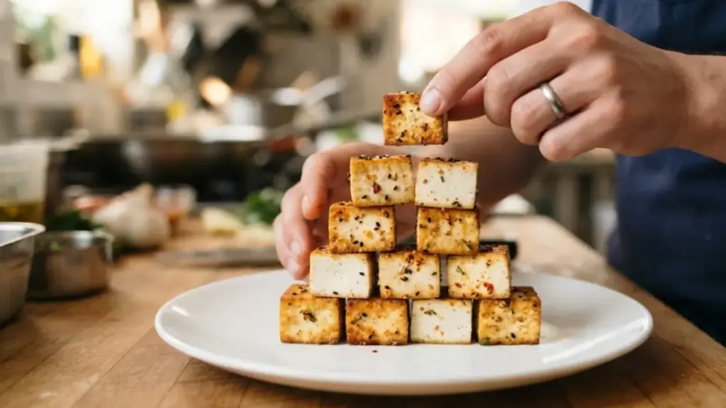 seared-tofu-blocks-stacked-vertically-in-a-triangle-for-cheap-food-meals