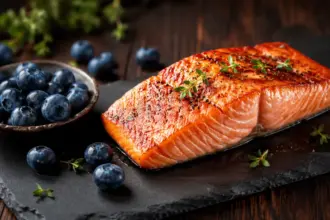 seared wild salmon fillet and fresh blueberries on a slate plate.jpg