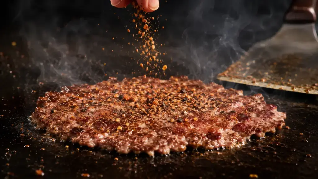 seasoning-a-flat-seared-beef-patty-immediately-after-smashing-it-for-a-smash-burger