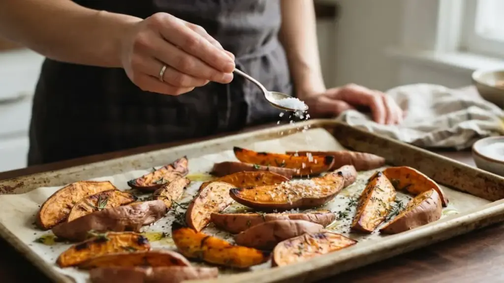 seasoning-roasted-sweet-potato-wedges-on-a-metal-baking-sheet