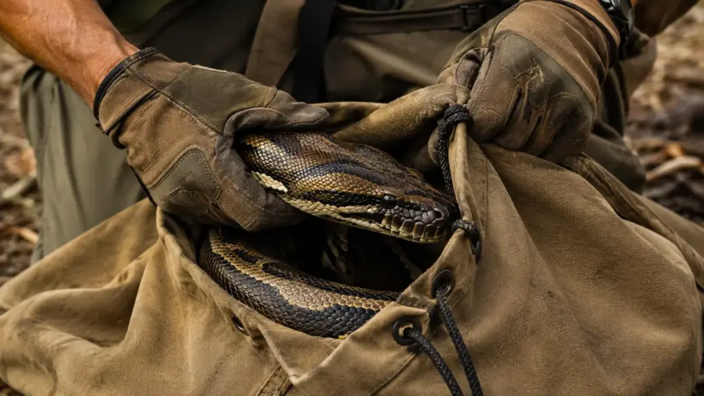 securing-a-captured-python-in-a-thick-canvas-bag-for-hunting-in-florida-seasons