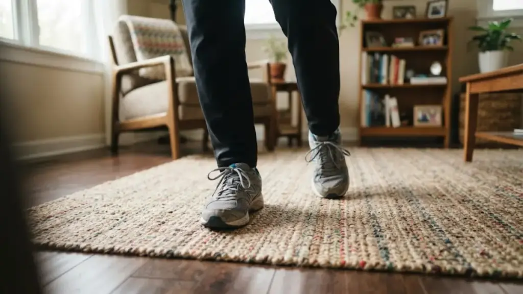 senior-feet-in-walking-shoes-stepping-on-living-room-rug-weekly-exercise