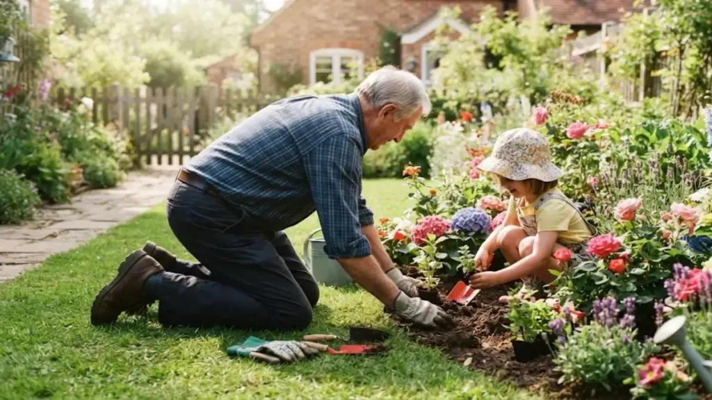 senior-grandfather-kneeling-on-lawn-gardening-with-grandchild-weekly-exercise