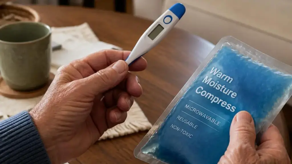 senior hands holding thermometer and warm compress older adults fitness