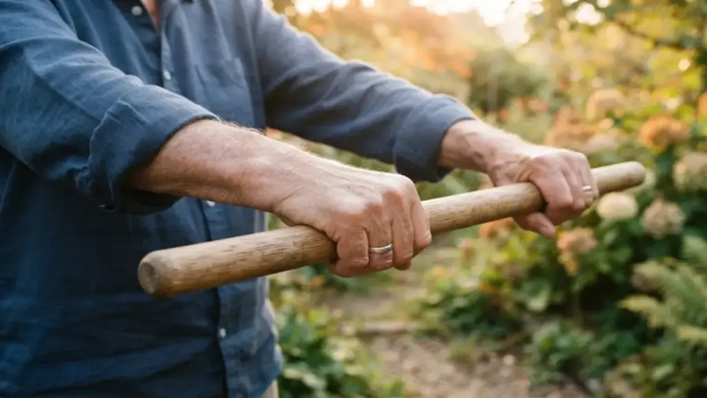 senior-hands-holding-wooden-mobility-stick-in-garden-weekly-exercise