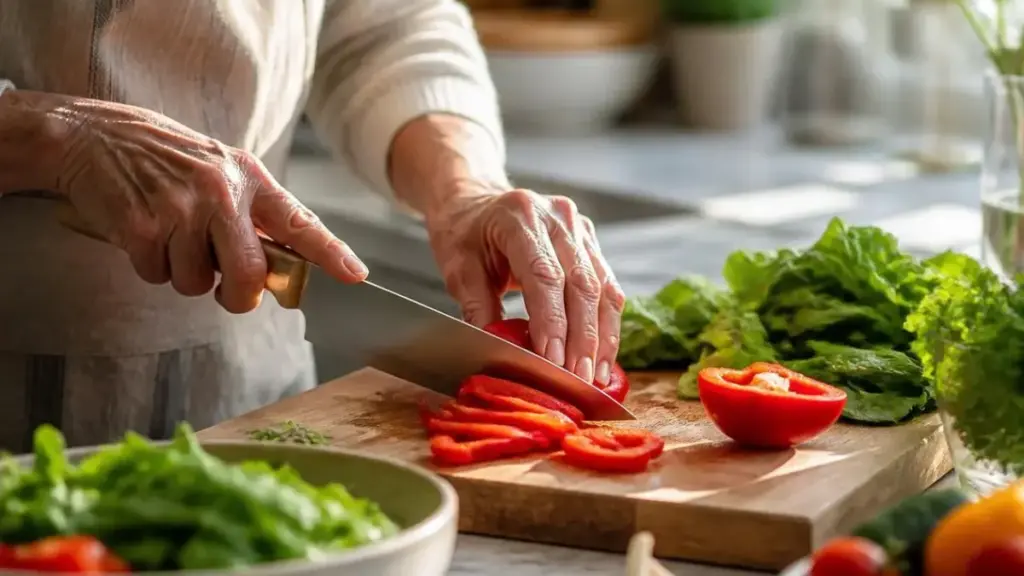 senior-hands-slicing-fresh-vegetables-in-kitchen