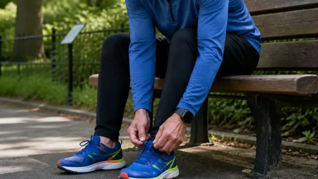 senior-man-tying-walking-shoes-park-bench-older-adults-fitness