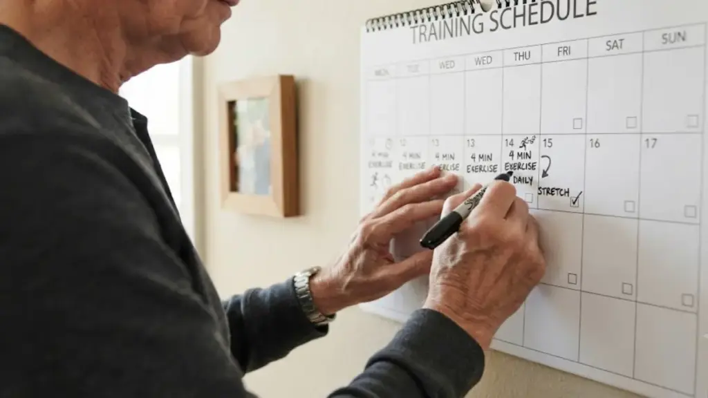 senior marking a workout routine on a wall calendar couchinsider